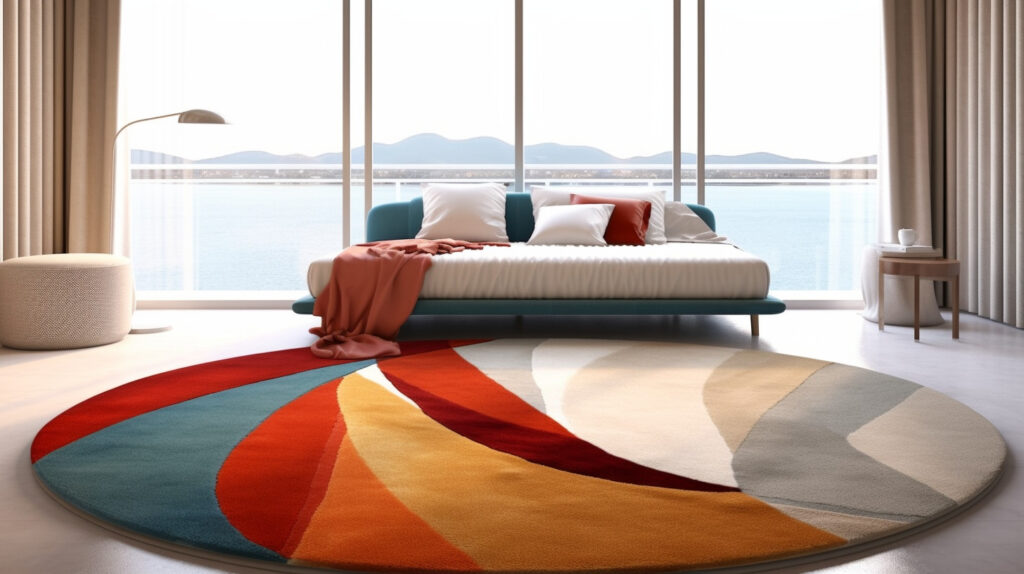 An abstract art round rug for the living room, transforming the floor into a canvas