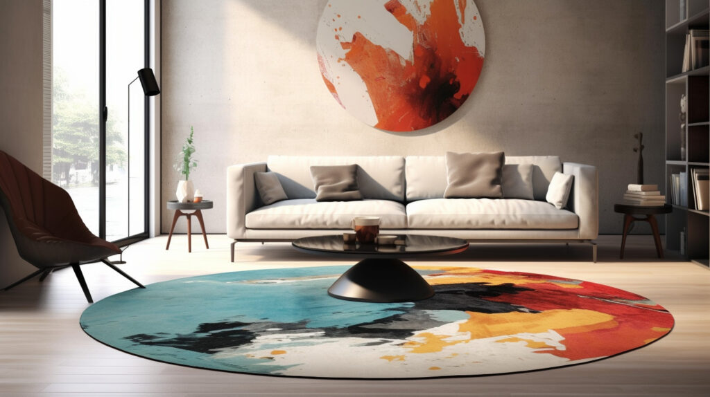 Un tappeto rotondo di arte astratta per il soggiorno, che trasforma il pavimento in una tela