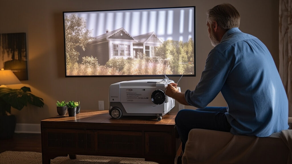 An individual performing regular maintenance on a “Living Room Projector” for optimal performance