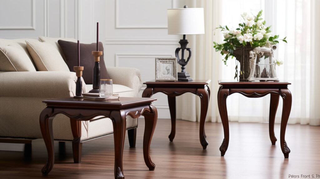 Assortment of elegant traditional end tables in various living room settings
