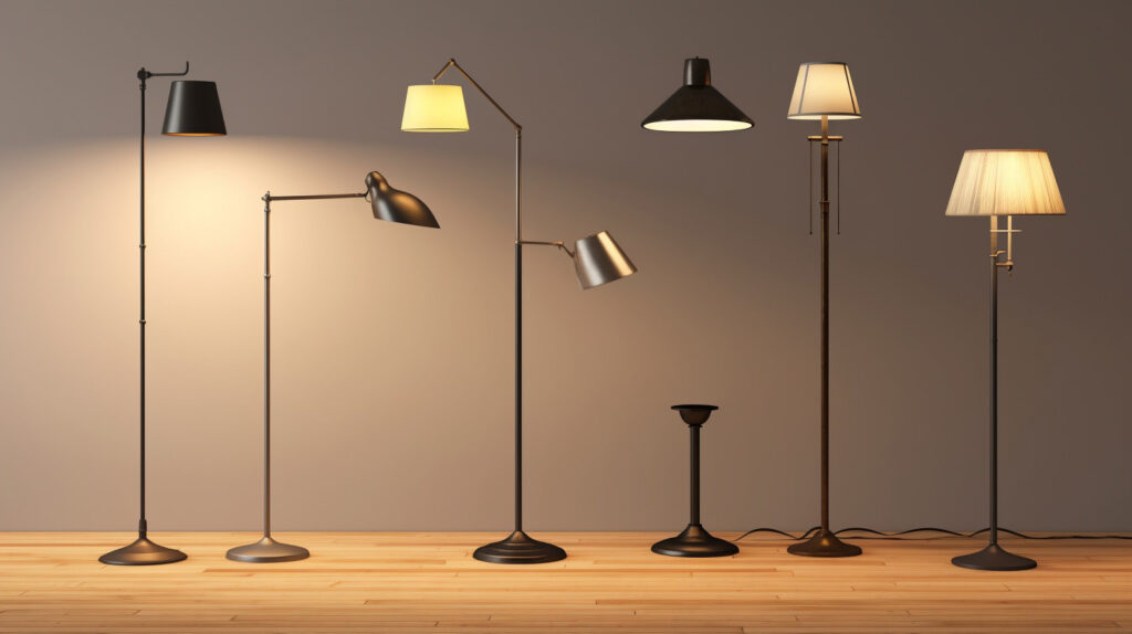 Assortimento di lampade da lettura a pavimento che mostrano diversi stili e design estetici