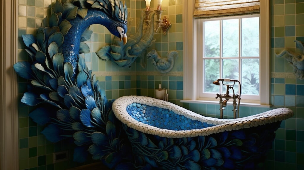 Bathroom showcasing unique peacock decor 