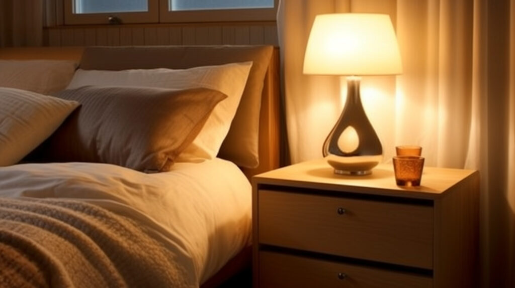 Bedside table lamp adding a warm glow to a stylish bedroom