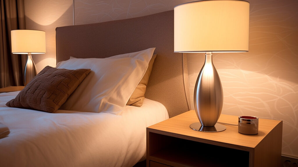 Đèn bàn bên giường tạo ánh sáng ấm áp cho phòng ngủ tinh tế