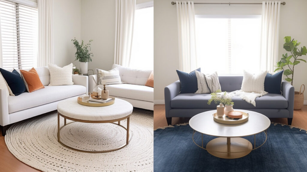 Immagini prima e dopo di un piccolo soggiorno trasformato aggiungendo un tappeto rotondo per il soggiorno