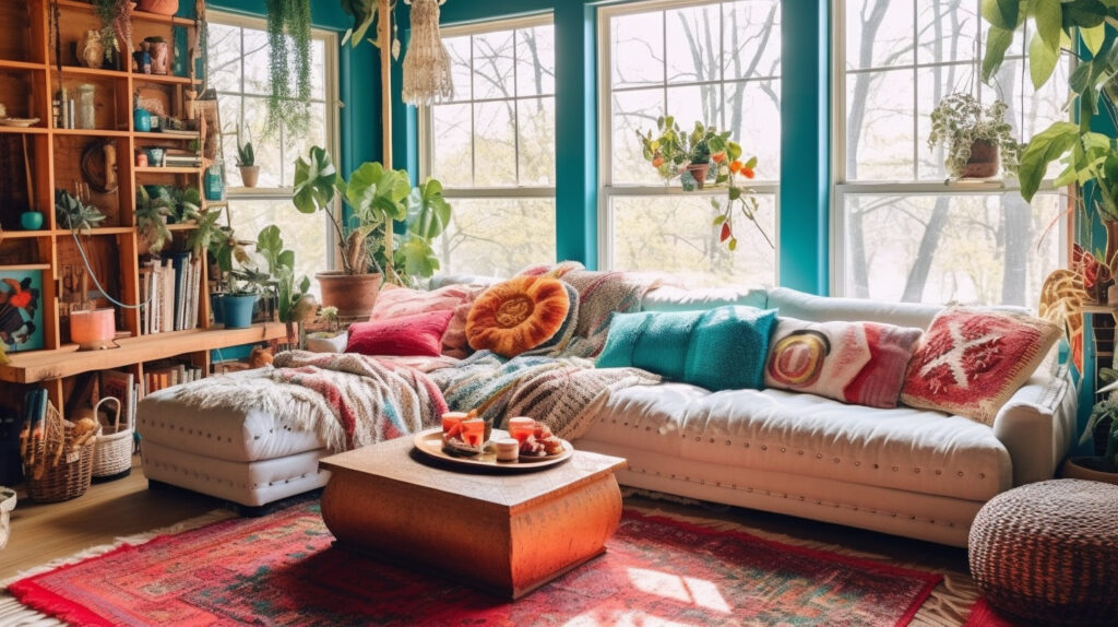 Bohemian living room with a white couch and eclectic decor 