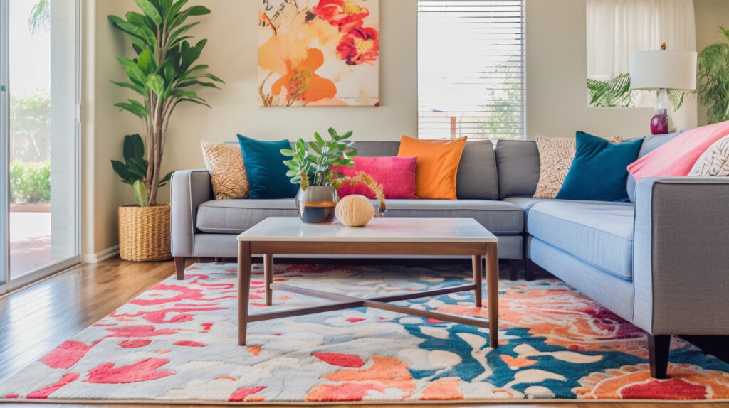 Bold, colorful living room rug adding a pop of color to the room