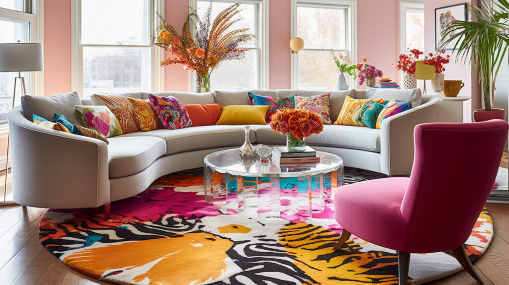 Bold, colorful living room rug adding a pop of color to the room