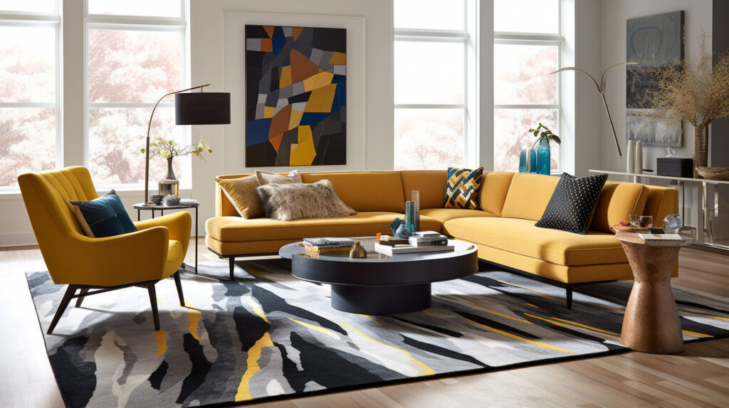Bold, contemporary living room rug serving as a focal point in the room