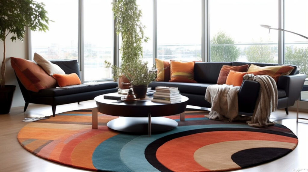 Bold, contemporary living room rug serving as a focal point in the room