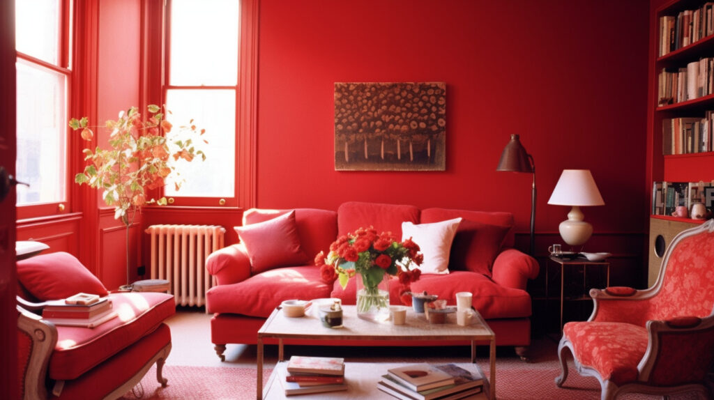 Tường màu đỏ anh đào trong một phòng khách đỏ sống động