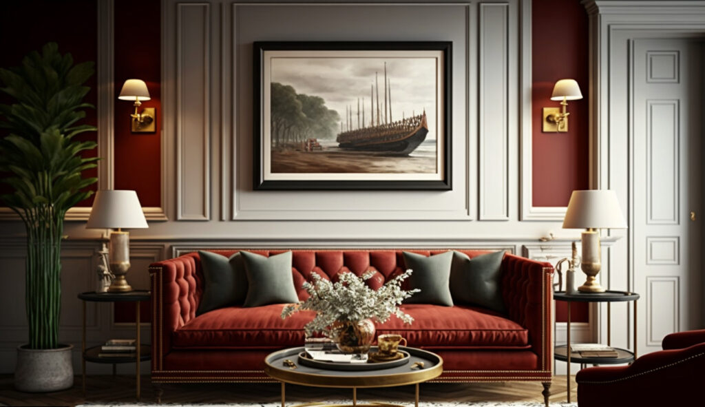 Classic red couch in a traditional living room with timeless decor 