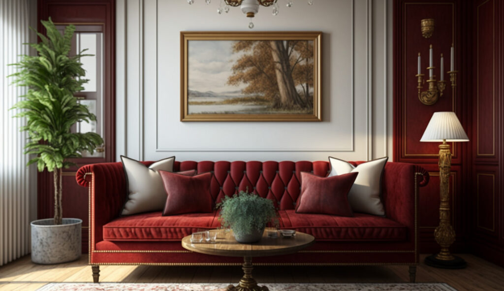 Divano rosso classico in un salotto tradizionale con decorazioni senza tempo 