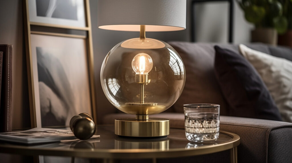 In primo piano di una lampada da tavolo moderna e elegante su un tavolino in un soggiorno