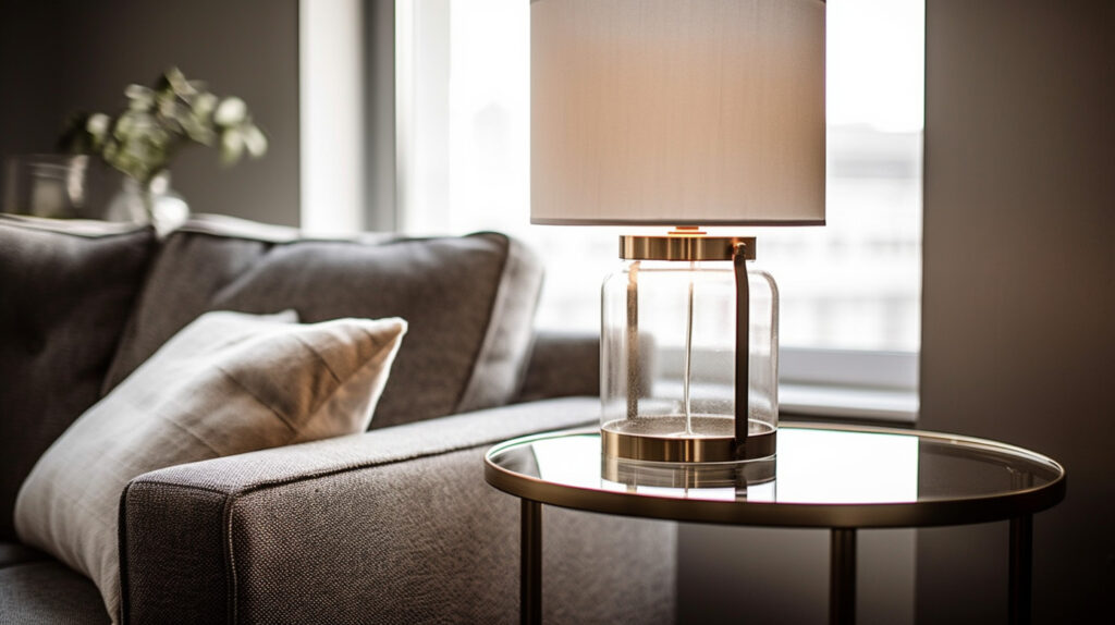 Close-up of a sleek, modern table lamp on a side table in a living room
