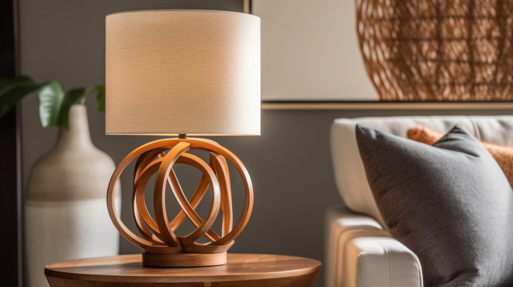 Close-up of a sleek, modern table lamp on a side table in a living room