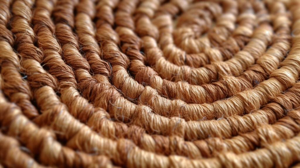 Dettaglio della texture di un tappeto rotondo in fibra naturale per il soggiorno