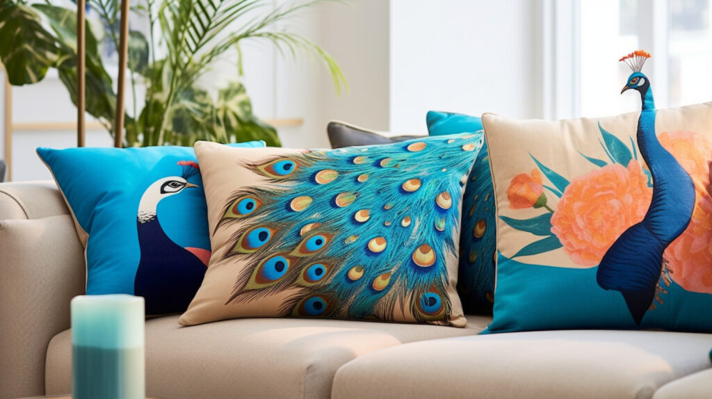 Colorful peacock-themed cushions on a neutral sofa