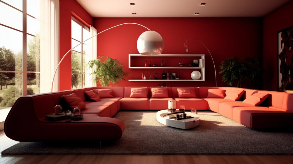 Phòng khách đỏ hiện đại với nội thất hiện đại