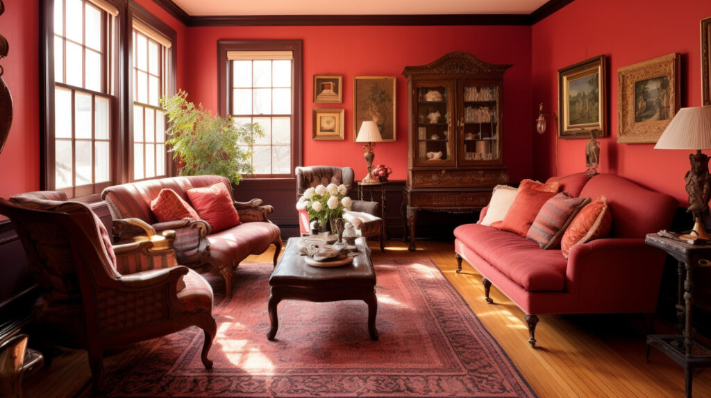 Phòng khách cổ điển ấm áp với tường đỏ nhạt và nội thất cổ điển