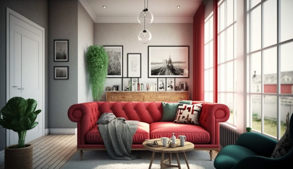 Cozy contemporary living room with a red couch as the focal point 