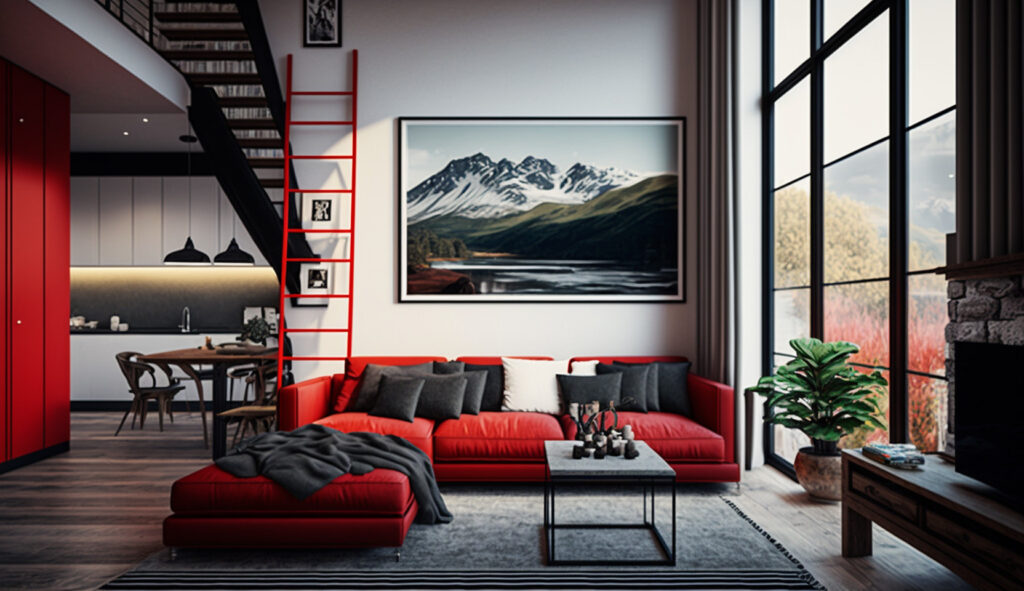 Cozy contemporary living room with a red couch as the focal point 