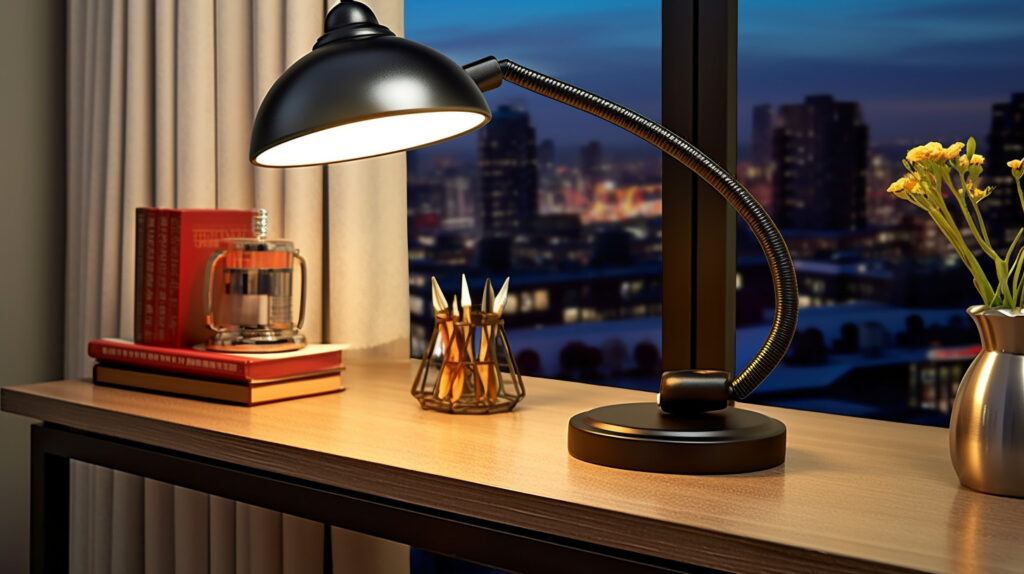 Desk lamp providing focused light for work and reading in a living room