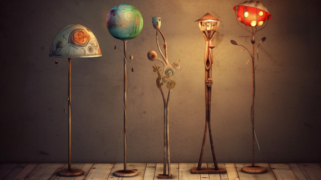 Eclectic and bohemian floor reading lamp creating a whimsical and artistic vibe