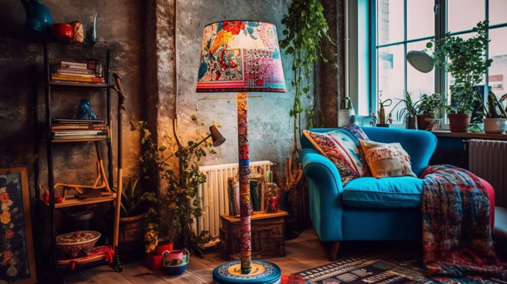 Eclectic and bohemian floor reading lamp creating a whimsical and artistic vibe