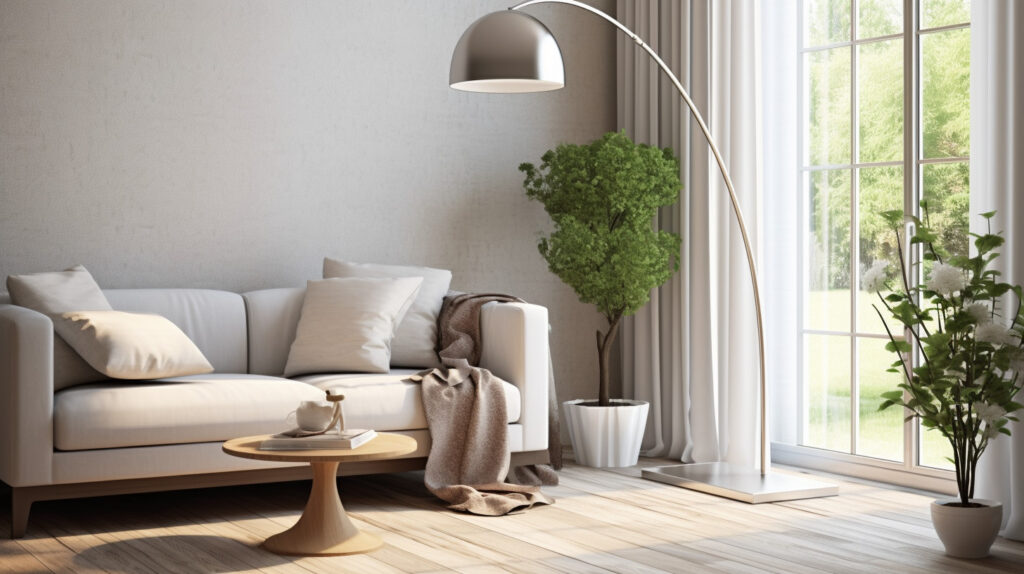 Elegant arc floor lamp casting light over a coffee table, showcasing how arc floor lamps can add style and function to living rooms