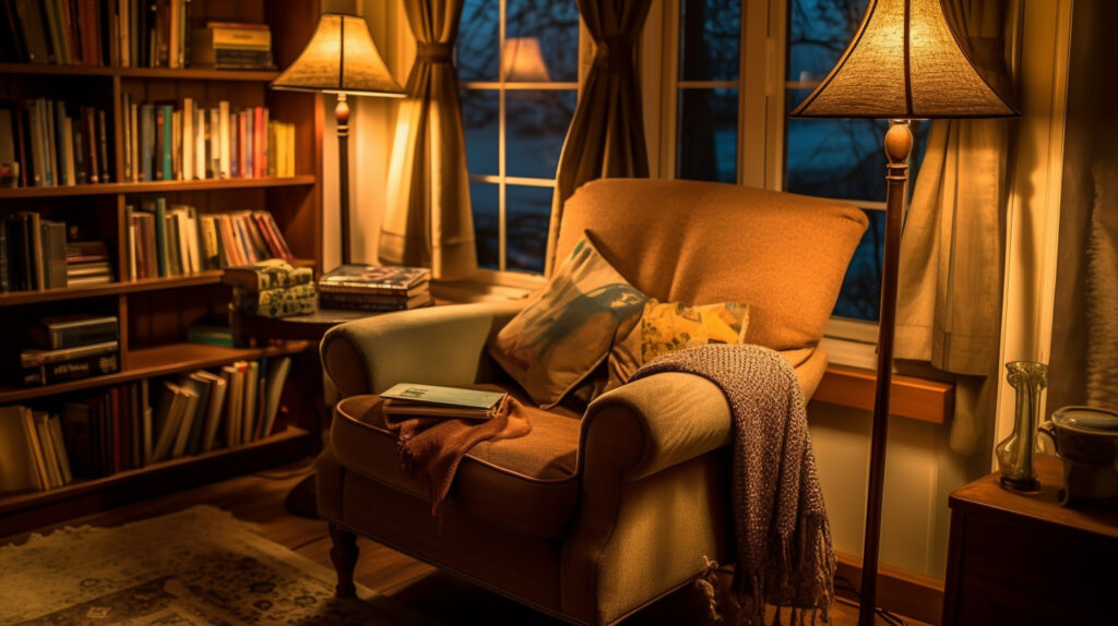 Floor reading lamp illuminating a cozy reading nook with warm, focused light 