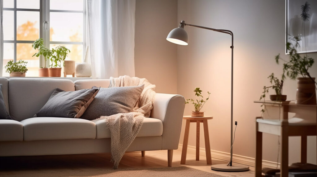 Floor reading lamp providing focused light for reading in a comfortable living room setting 