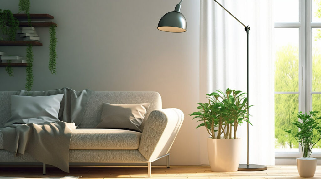Lampada da lettura da terra che fornisce luce focalizzata per la lettura in un soggiorno confortevole