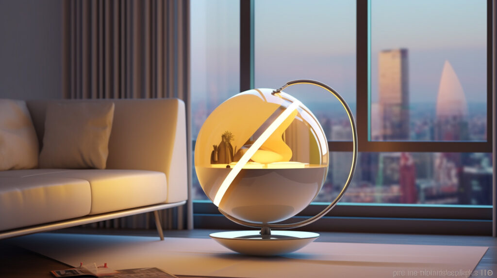 Lampada da tavolo futuristica che aggiunge un tocco moderno all'arredamento del soggiorno