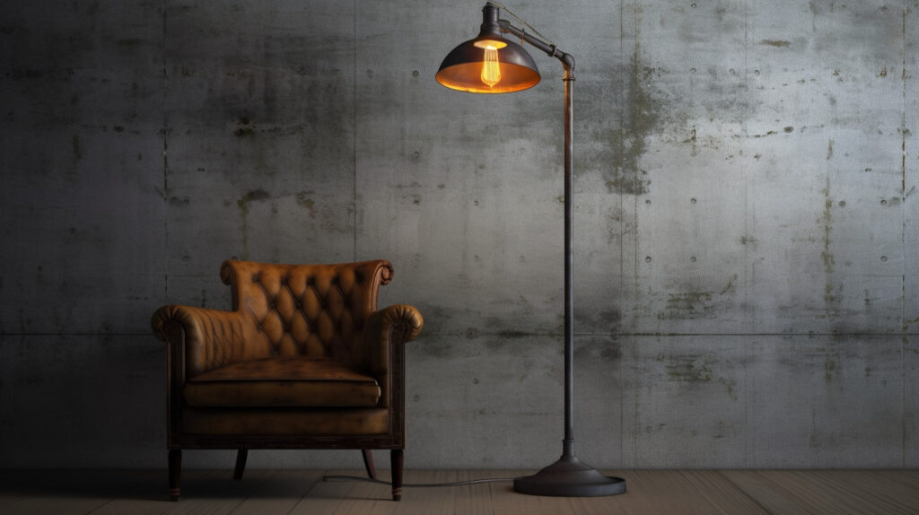 Industrial-inspired floor reading lamp with a raw and edgy aesthetic