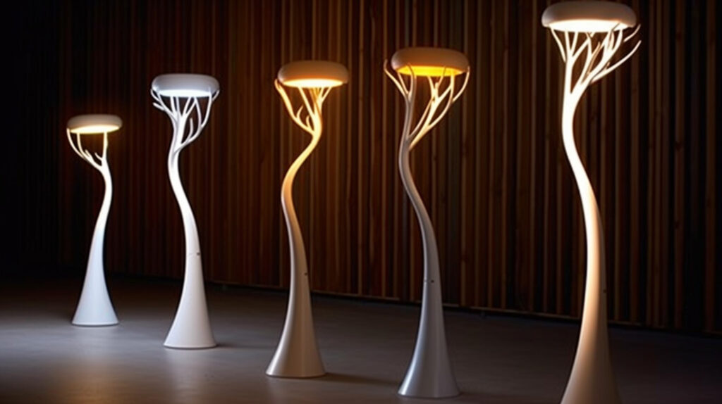 Innovativa lampada da lettura a pavimento a forma di albero che offre illuminazione flessibile e artistica