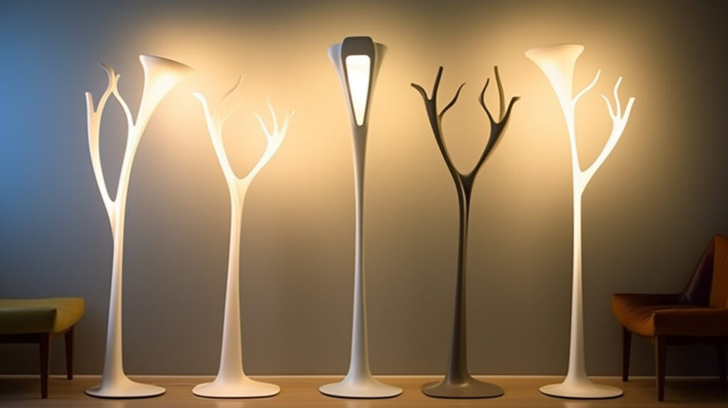 Innovativa lampada da lettura a pavimento a forma di albero che offre illuminazione flessibile e artistica