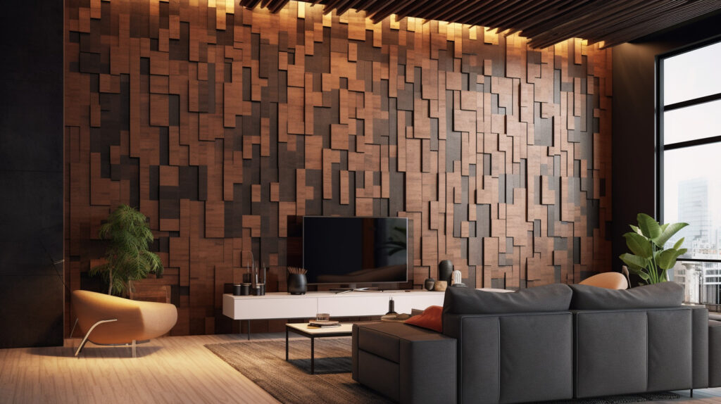 Design di parete interna che presenta una combinazione di elementi in legno e metallo