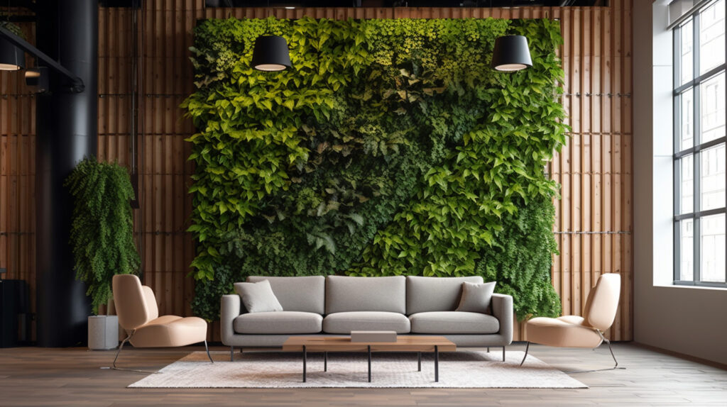 Design di parete interna che presenta una parete vivente o un giardino verticale