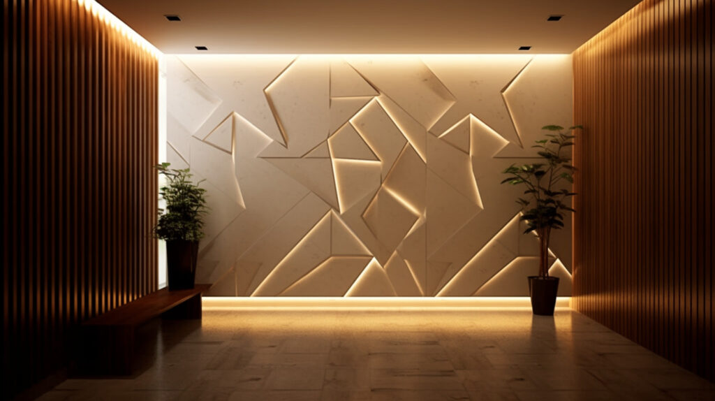 Design di parete interna dove l'illuminazione è utilizzata per mettere in evidenza il design delle pareti