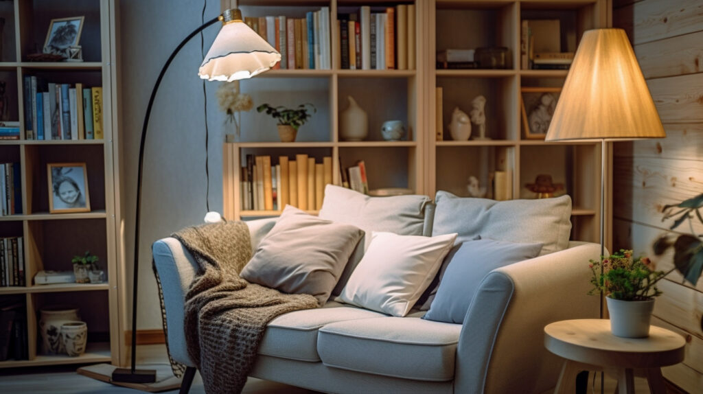 Inviting reading nook with books and a floor lamp providing focused lighting, illustrating the use of floor lamps for creating reading spaces in living rooms