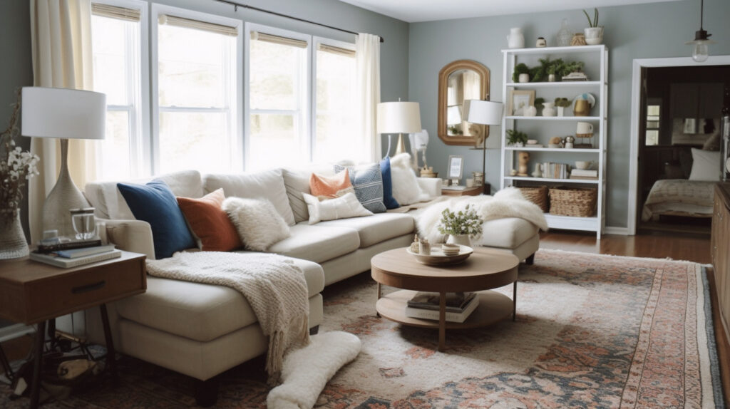 Lớp thảm phòng khách tạo sự sâu sắc và chiều sâu cho không gian
