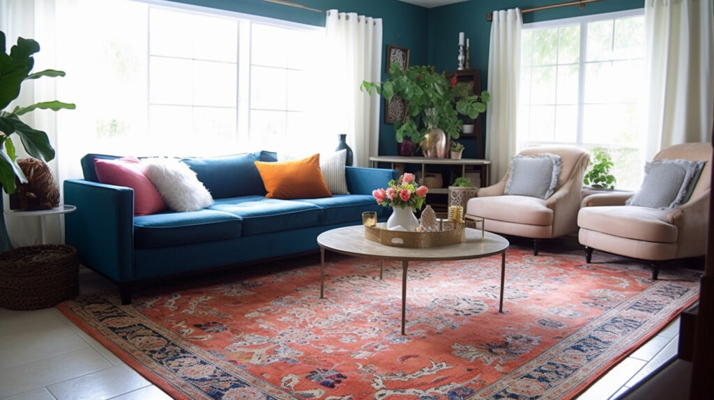Lớp thảm phòng khách tạo sự sâu sắc và chiều sâu cho không gian