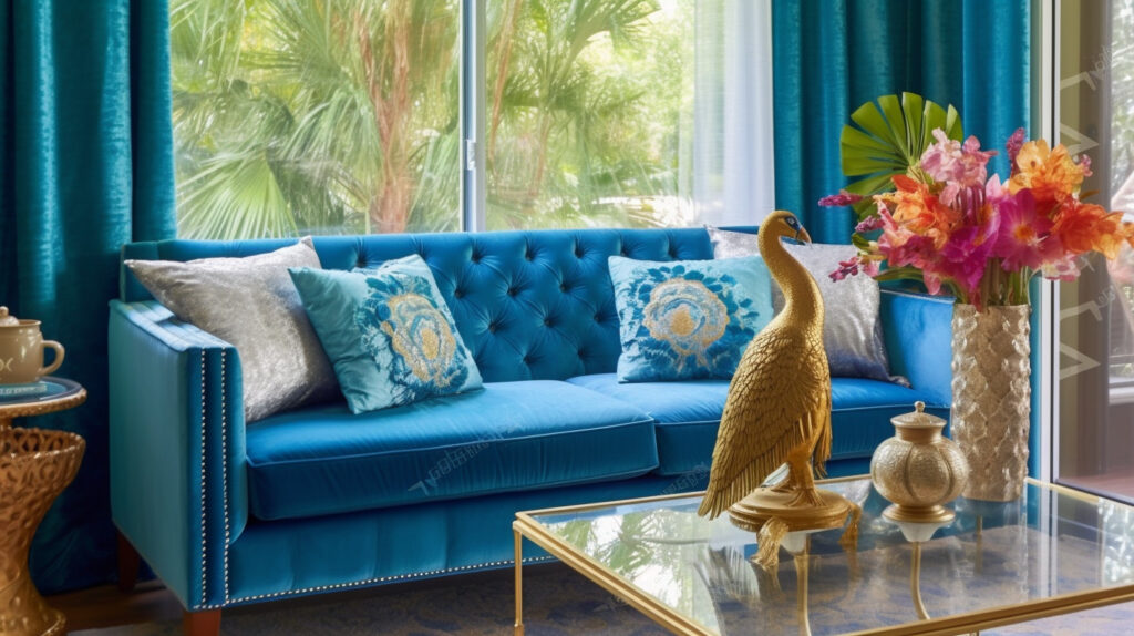 Living room adorned with bold peacock decor