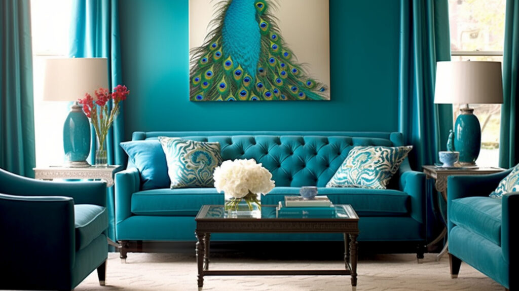 Living room color scheme harmonized with peacock decor 