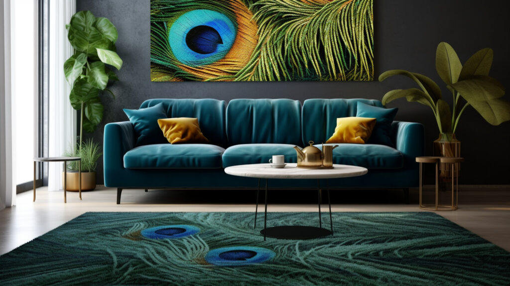 Living room rug featuring peacock feather patterns