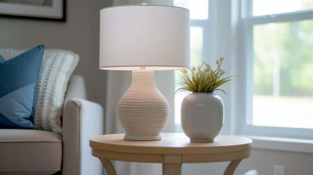 Scena di un soggiorno con una lampada elegante su un tavolino 
