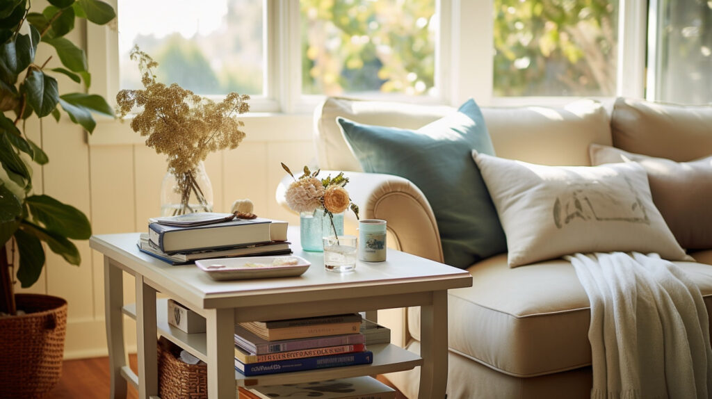 Living room scene with books and magazines stacked on an elegant end table 