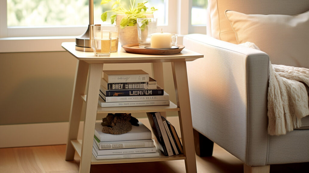 Living room scene with books and magazines stacked on an elegant end table 