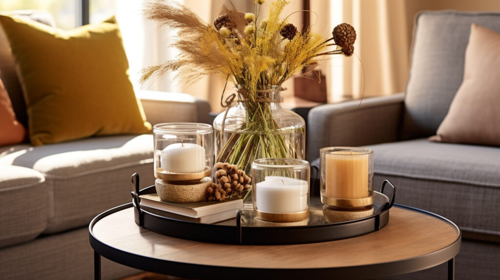 Scena di un soggiorno con sottobicchieri e vassoi organizzati su un elegante tavolino